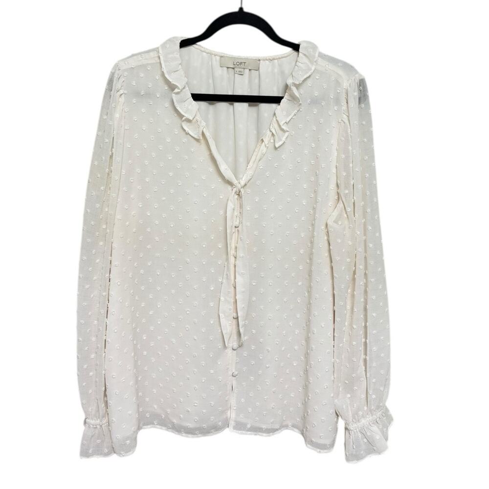 LOFT Swiss Dot V-Neck Tie Front Blouse in Off White - Size XL
